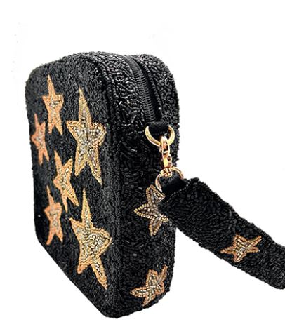 Black & Gold Beaded Square Star Bag