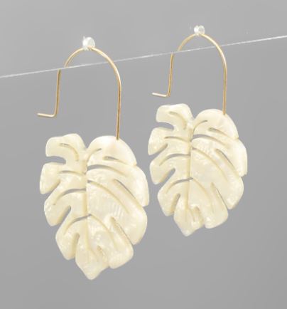 Acrylic Palm Leaf Earrings - Ivory Pearl Color on Gold
