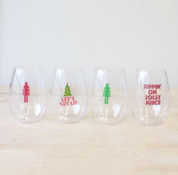 Set of 4 Plastic Stemless wine glasses - Several Styles!