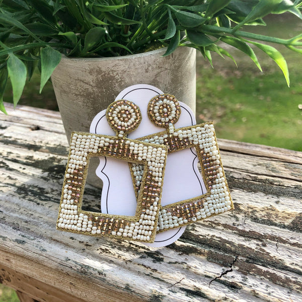 White & Gold Square Beaded Earrings - Jewelry- Gift