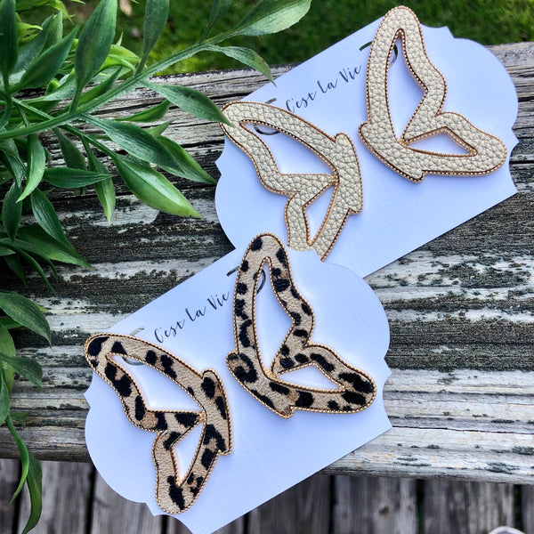 Gold Leather Butterfly Earrings- Faux Leather - Post Back