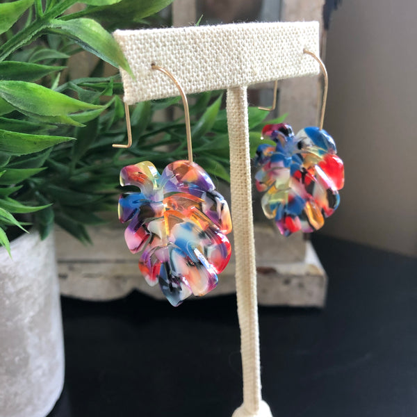 Acrylic Palm Leaf Earrings - Multi Color on Gold