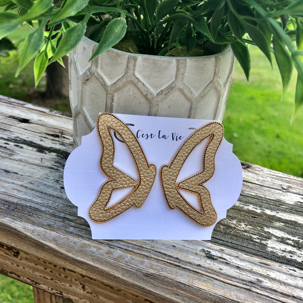 Gold Leather Butterfly Earrings- Faux Leather - Post Back