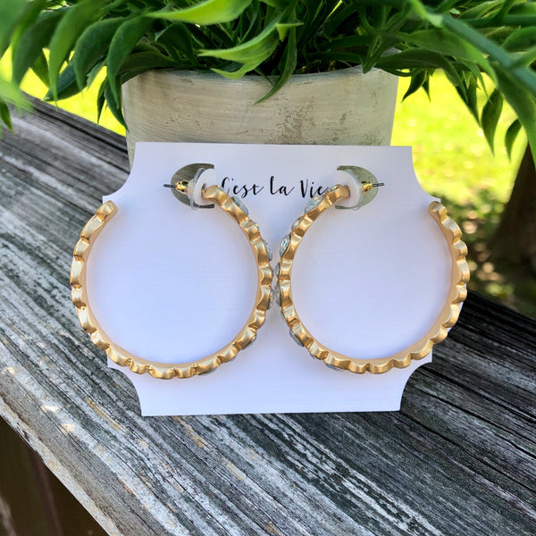 Gold Hoop Earrings with White Opal Stones