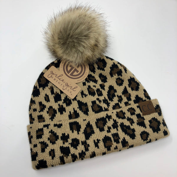 Leopard Animal Print Beanie Hat with Fur Pom