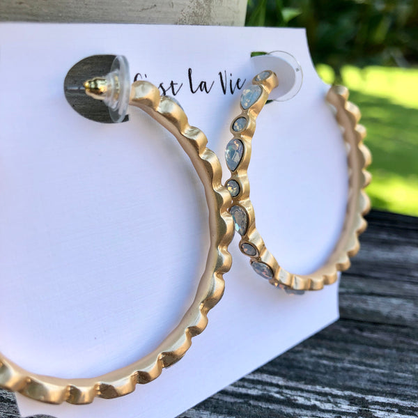 Gold Hoop Earrings with White Opal Stones