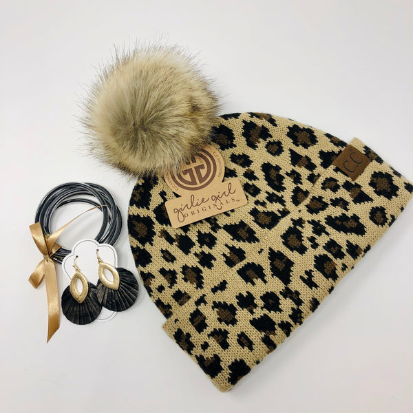 Leopard Animal Print Beanie Hat with Fur Pom