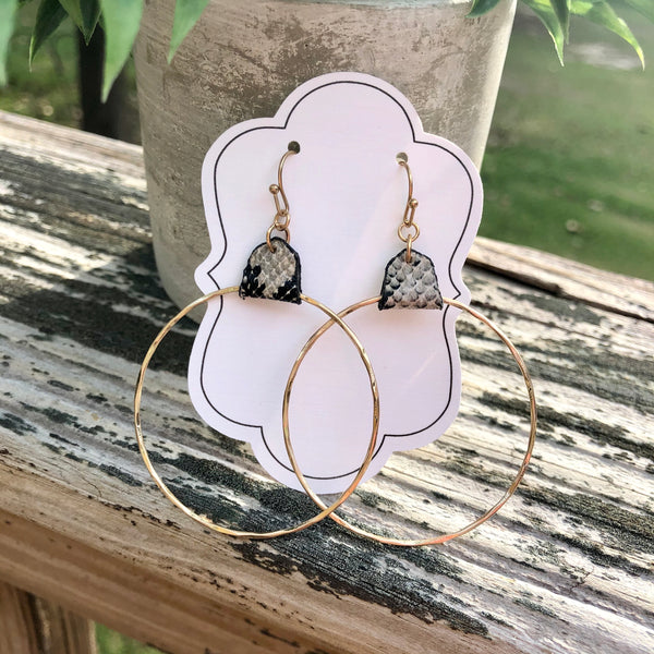 Leather Snakeskin & Gold Circle Dangle Earrings - 2 Colors