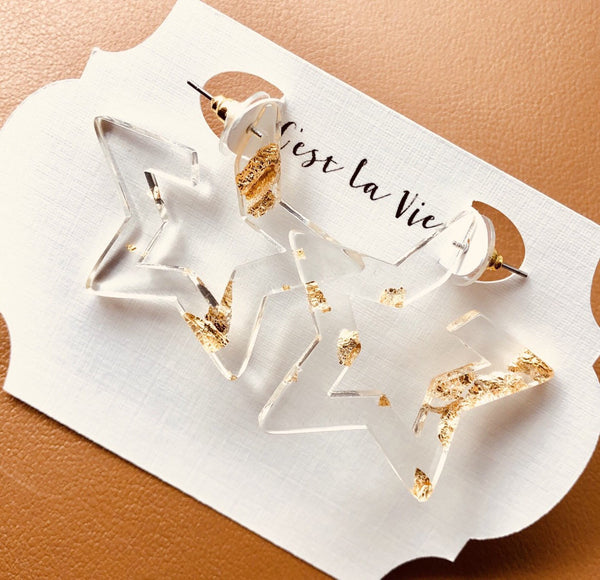 Star Hoop Earrings Clear & Gold Flake