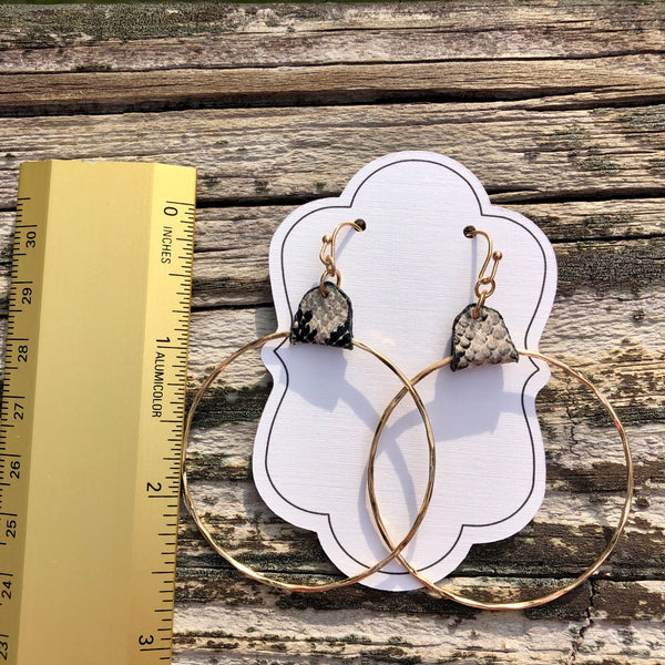Leather Snakeskin & Gold Circle Dangle Earrings - 2 Colors