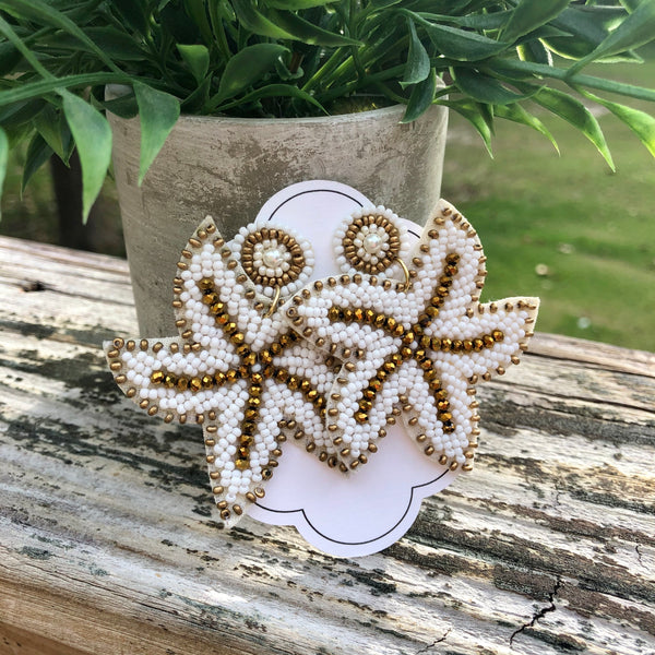 White & Gold Beaded Starfish Earrings
