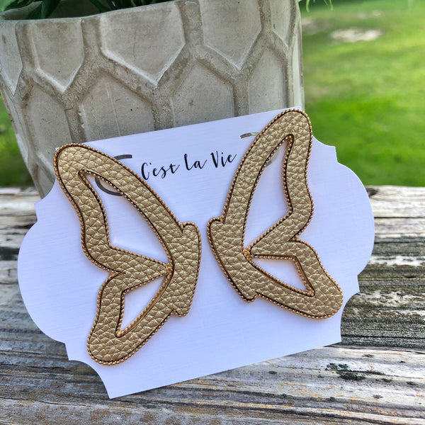 Gold Leather Butterfly Earrings- Faux Leather - Post Back