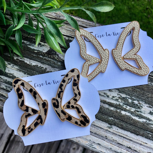 Gold Leather Butterfly Earrings- Faux Leather - Post Back