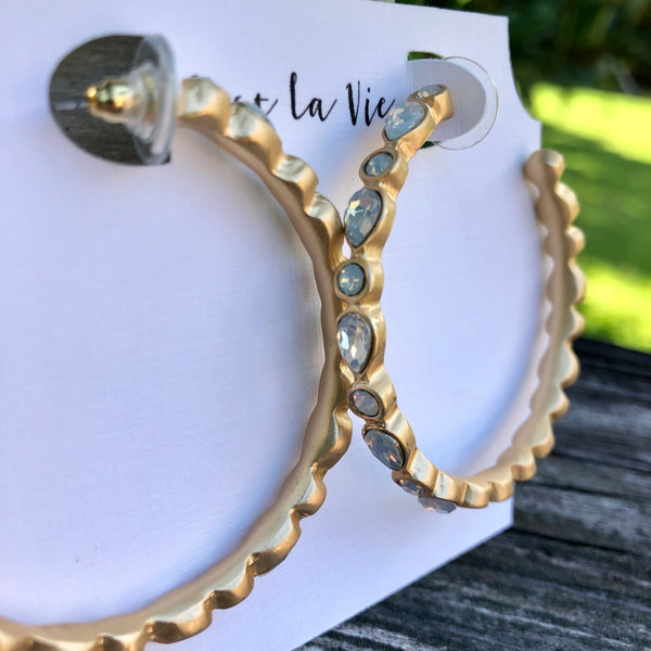 Gold Hoop Earrings with White Opal Stones