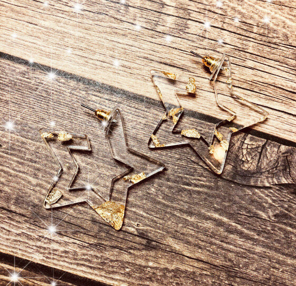 Star Hoop Earrings Clear & Gold Flake