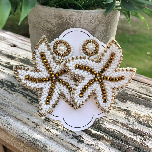 White & Gold Beaded Starfish Earrings