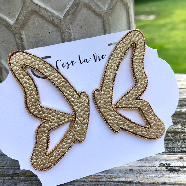 Gold Leather Butterfly Earrings- Faux Leather - Post Back