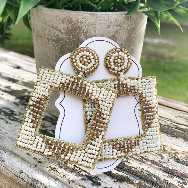White & Gold Square Beaded Earrings - Jewelry- Gift