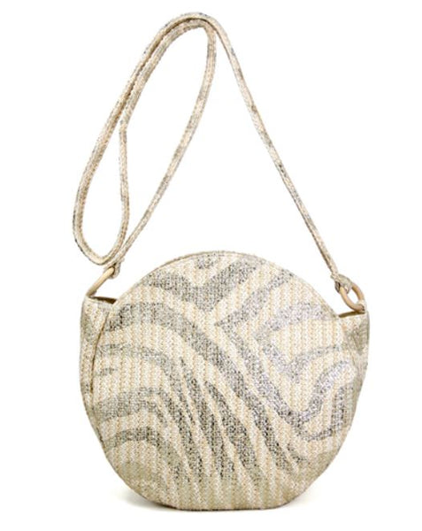 Beige & Gold Zebra Print Round Straw Style Purse